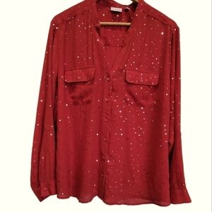 3X Metallic Beaded Adjustable Long Sleeve Button Down Party Blouse